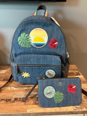 Coach Hawaiian Large denim Backpack & Wristlet Set -Multicolor Tropical Patch NW